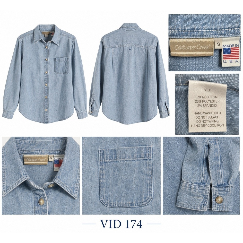 VID 174 Coldwater Creek Chambray Shirt S Made USA Blue Button Down 90s Vintage